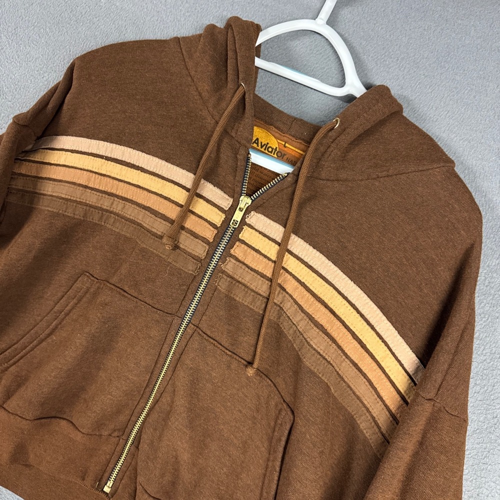 Aviator Nation Hoodie Womens Large Brown Retro 5-Stripe Cropped Zip Sweatshirt